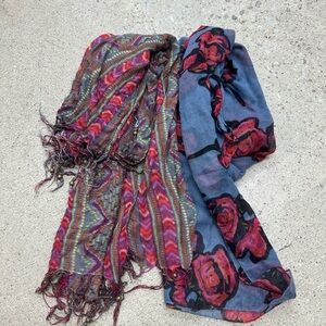Transparent Rose + Patterned Beaded Frayed Multicolor Scarf Set